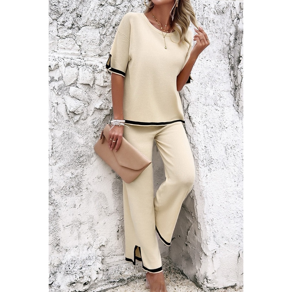 Two Pieces Outfits Knit Short Sleeve Wide Leg Lounge Sets - Picture 6 of 13